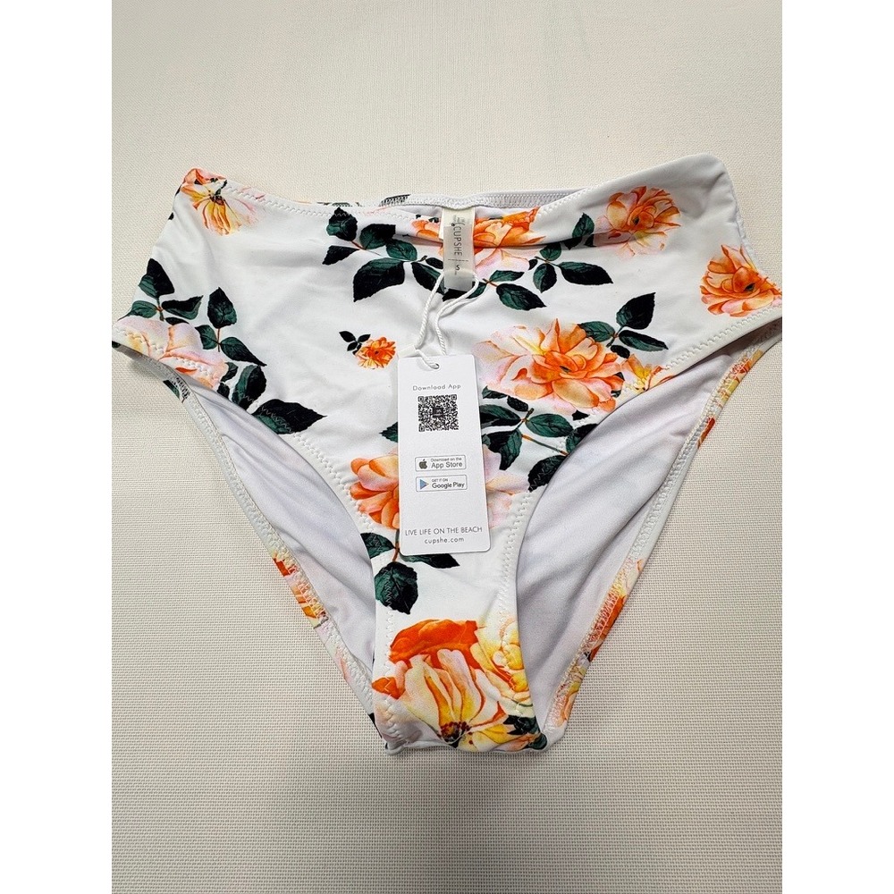 CUPSHIE High Waisted Bikini Bottoms Floral Print Orange Roses White Size S
